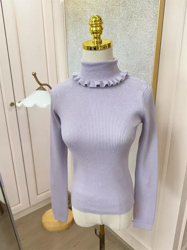 Lolita Trui Effen Kleur Binnenkleding Nauwsluitende Pasvorm Zachte Houten Oor Coltrui Vrouwen Sweet Japans Shirt Revers Top