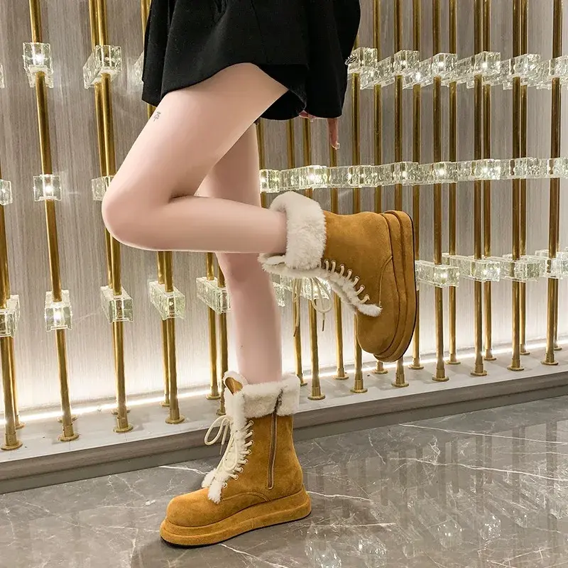 Модные и модные женские ботинки, новинка зимы 2024, теплые плюшевые ботинки средней длины на толстой подошве в стиле ретро, женские ботинки из хлопка