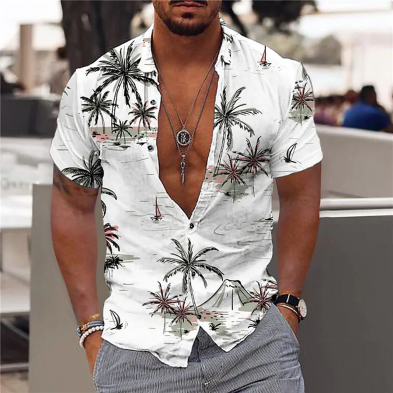 قميص رجالي بأكمام قصيرة ، طباعة ثلاثية الأبعاد ، بلوزة هاواي ، رسم شجرة جوز الهند ، ملابس الموضة ، اتجاه الصيف ، جديد ، 5XL ،