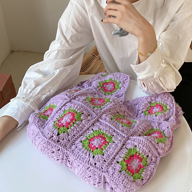 New Ethnic Hand Knitted Bag Bohemian Female Women's Shoulder Crossbody Bag Casual Totes Handmade Hollow Out Crochet Bag