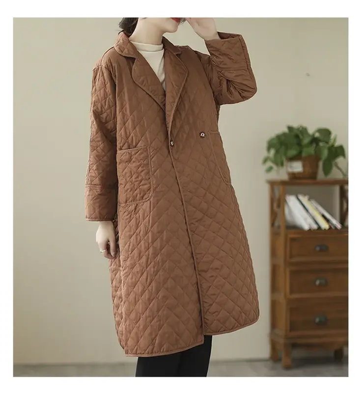 2023 nowość rombowe kratowe kieszenie Vintage jesień zima puchowe płaszcze ocieplana bawełna kobiety moda na co dzień długie kurtki