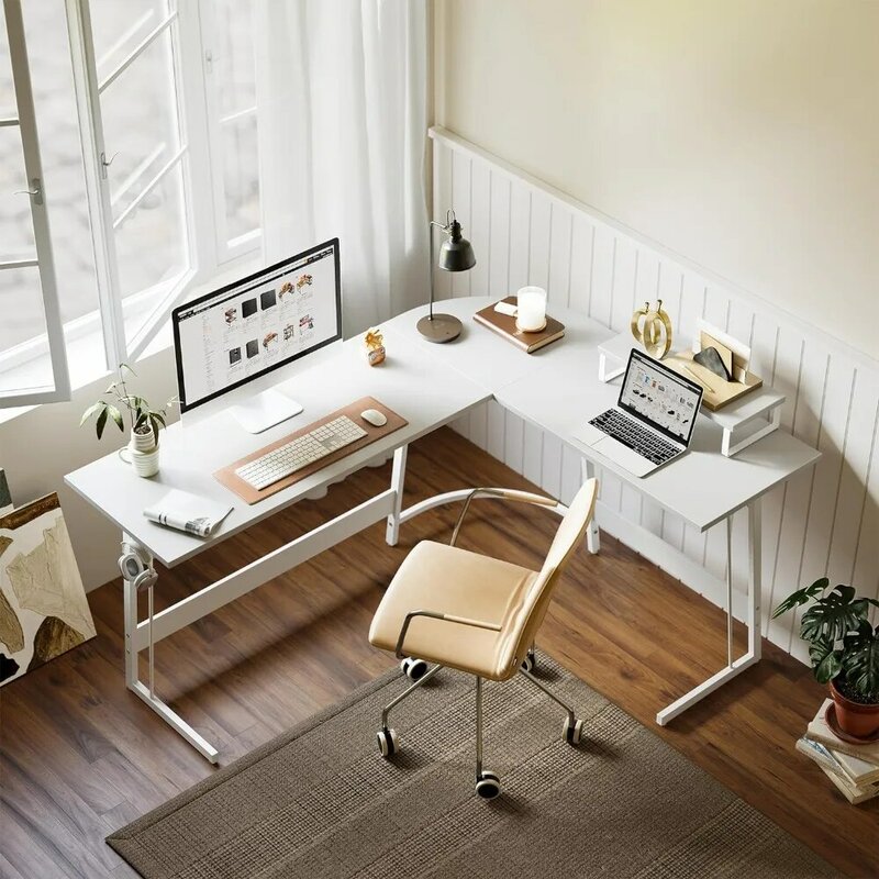 Meja komputer meja game bentuk L, meja kantor 47 inci dengan dudukan Monitor besar untuk rumah kantor belajar menulis