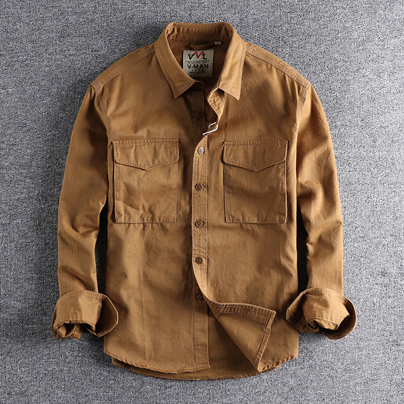 Koszula Cargo dla mężczyzn z długim rękawem Premium bawełna jednolity kolor mycie klapy młodzieży japonia styl prosty przystojny chłopak odzież