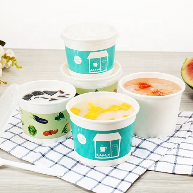 Kunden spezifisches Produkt kunden spezifische Einweg-Suppen tasse Brei Schüssel 390/520ml Papiers uppe Schüssel und Deckel