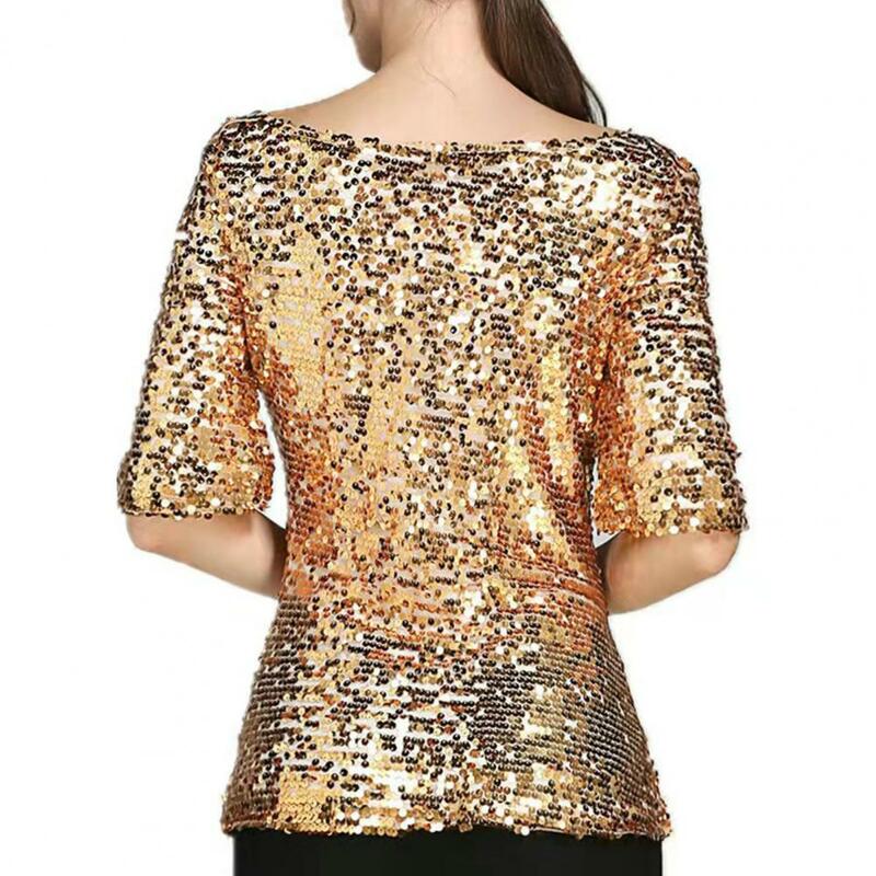 Women Sequins T-shirts O Neck Short Sleeve Sequin Tops Sparkling Mid Sleeve Blouse Disco Stage Performances Tees Blouse Top