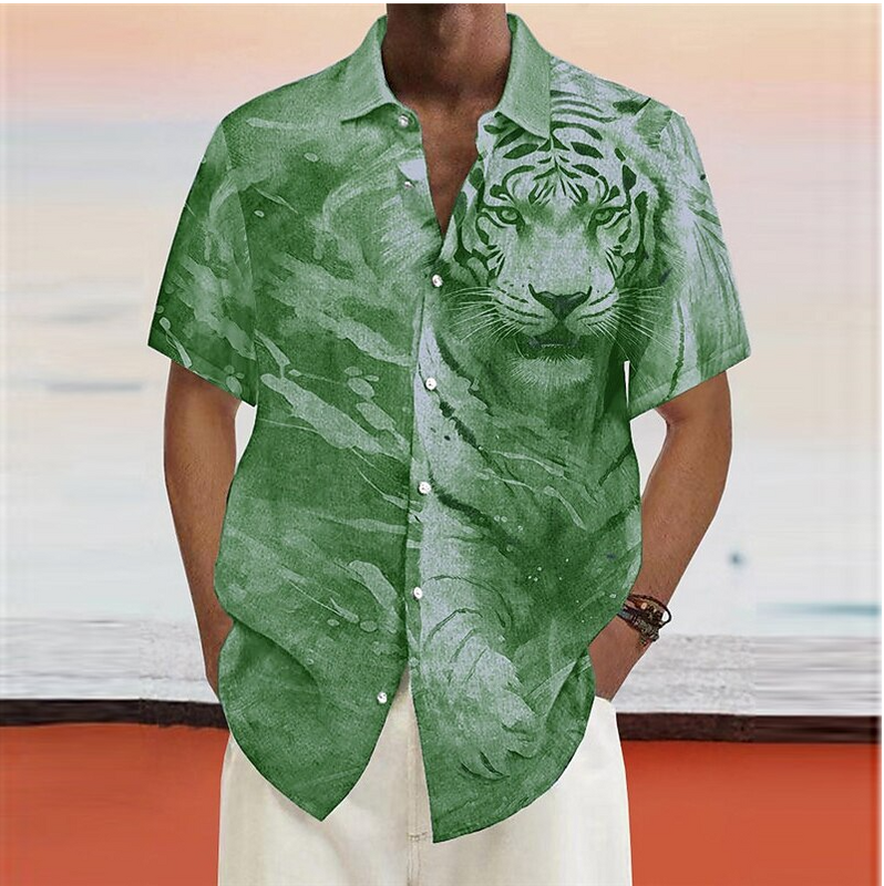Camisa de manga corta para hombre, camisa con botones y cuello abatible, con estampado de Tigre y Animal, de talla grande, a la moda y de lujo, s-6XL Su