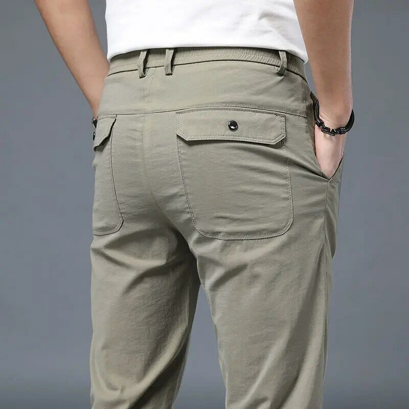 Calça reta edição coreana masculina, elástico na cintura, bolso com cordão, calça esportiva fina, casual, versátil, na moda, verão, nova
