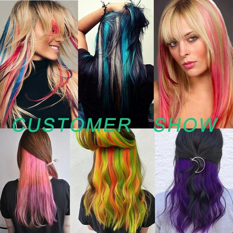 Rambut palsu sintetis highlight pesta berwarna, ekstensi rambut 22 inci lurus 5 Pak untuk wanita anak perempuan