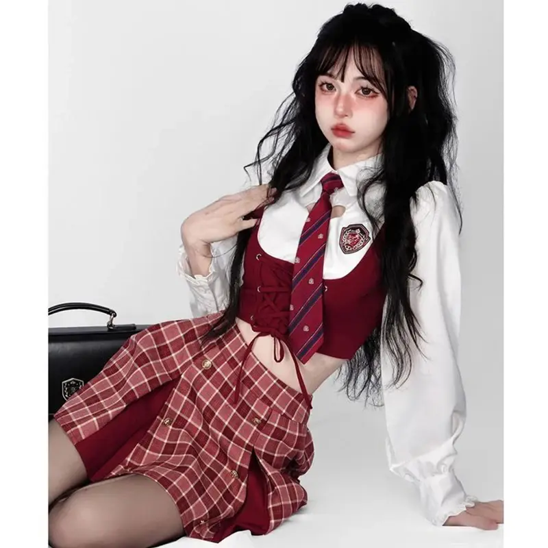 British Student Uniform College Fake Two Shirt Jk Pleated Mini Skirt Women's Spring Autumn Club Outfits Sexy Short Skirt Sets