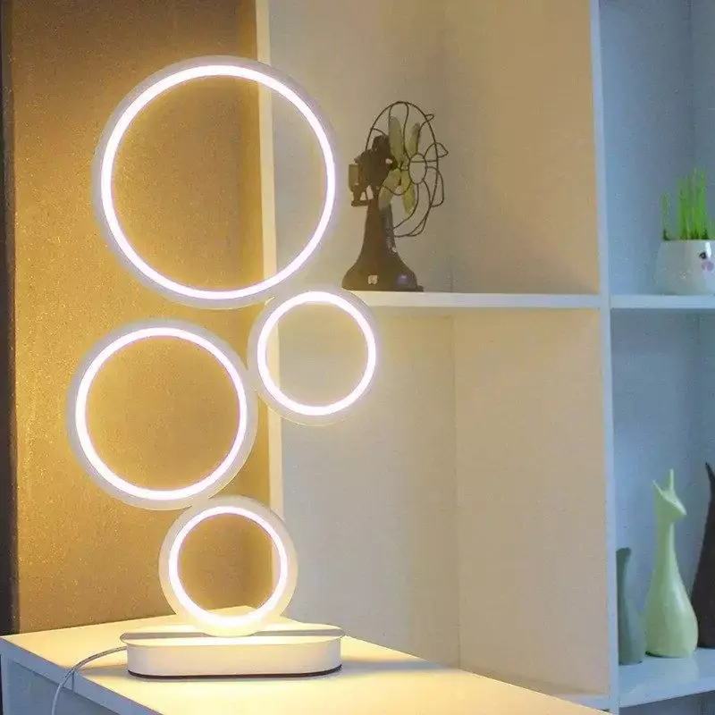 Lampu meja LED dapat diredupkan Modern, lampu dekorasi ruang tamu rumah bulat desain unik empat lingkaran kamar tidur lampu samping tempat tidur