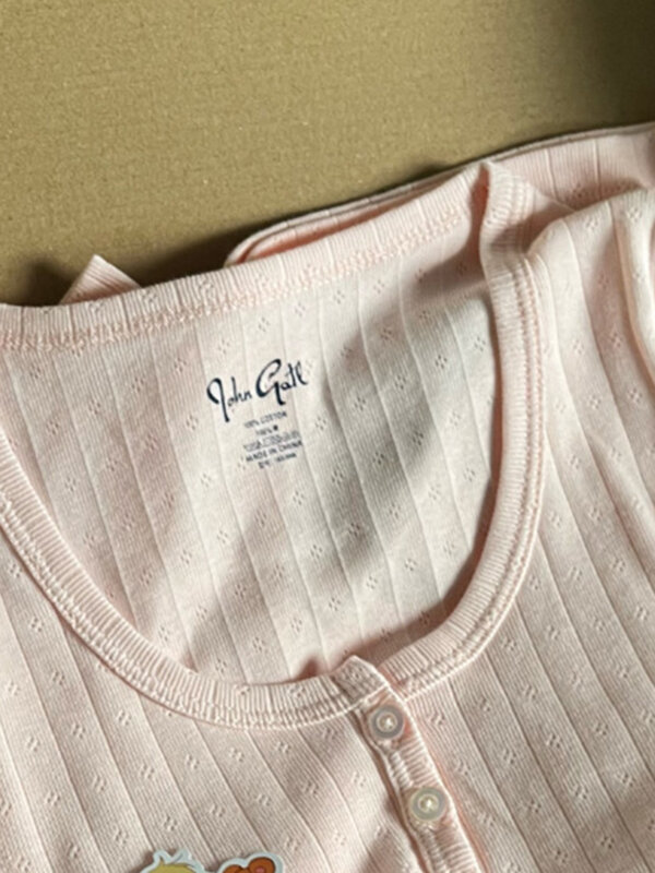 Aushöhlen rosa Langarm T-Shirt Sommer Rundhals knöpfe Baumwolle schlank sexy Top für Frau Vintage süß süß y2k Tops chic