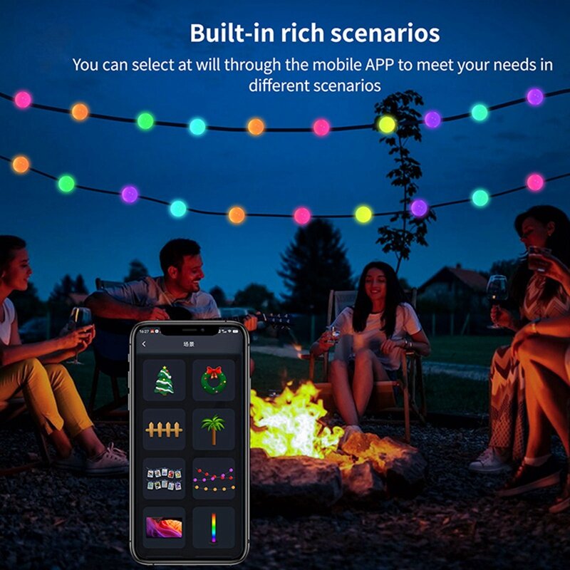 Smart LED RGB String Light, Decoração ao ar livre, DIY Home Decor, Lâmpada impermeável da noite, Luz de acampamento