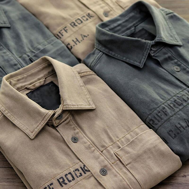 Men Shirt Coats Cargo Jackets Solid Color Single-breasted Turn-down Collar Long Sleeve Vinatge Jackets for men jaqueta masculina