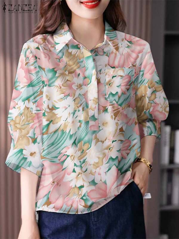 ZANZEA-Blusa floral estampada feminina, manga curta, camisa elegante de trabalho, casual boêmia, túnica de férias, tops femininos, verão