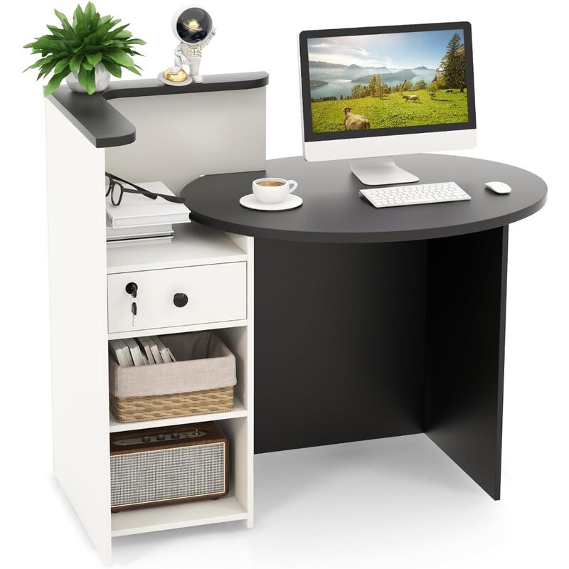 SILKYDRY Reception Desk, Small Retail Checkout Counter with Lockable Drawer and Open Shelves, Wooden Computer Workstation