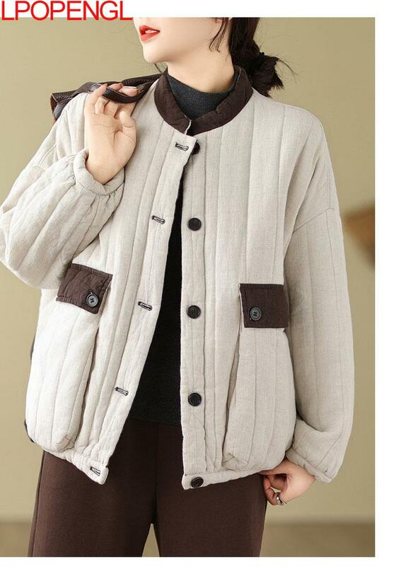 여성용 겨울 면 두꺼운 보온 스트리트웨어 코트, 루즈 문학적 빈티지 패치워크, 긴팔 싱글 브레스트 재킷, 신상