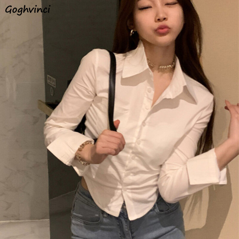Overhemden Vrouwen Slim Fit Minimalistische Koreaanse Mode All-Match Lange Mouwen Effen Chique Populaire Vrouwelijke Kleding Lente Y 2K Cropped Gezellig