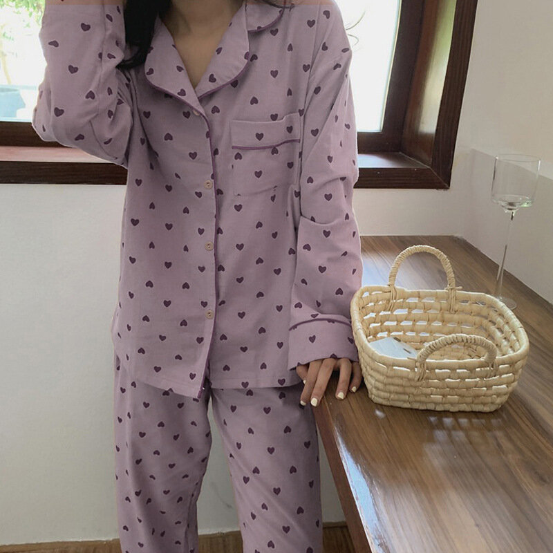 Dames Pyjama Sets Lente Zomer Herfst 2 Stuk Hart Print Pyjama Broek Nachtkleding Lange Mouw Knopen Pijama Mujer Pjs Homewear