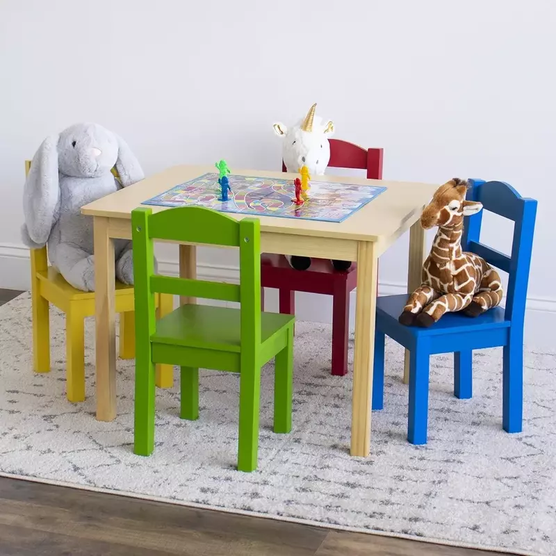 Conjunto e mesa de madeira infantil, 4 cadeiras, natural, elementar
