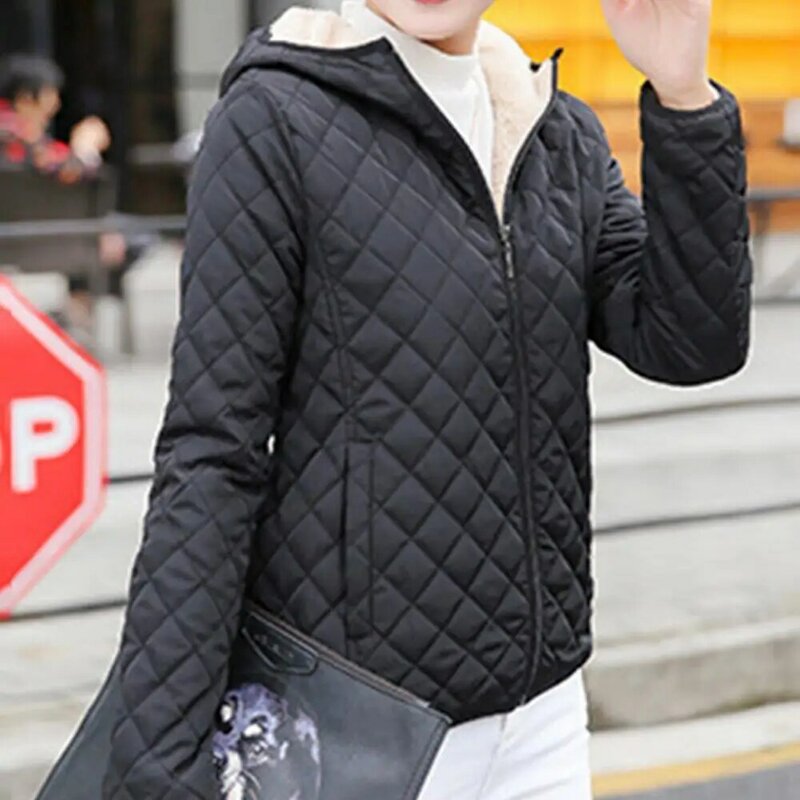 ผู้หญิงฤดูใบไม้ร่วงฤดูหนาวตรวจสอบกระเป๋า Parka แจ็คเก็ต Plush Liner Hooded Outerwear Coat