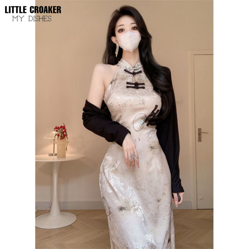New Qipao Retro Chinese Style Royal Sister Advanced Printing Improved Cheongsam Slim Fit Wrap Hip Sexy Hanging Neck Dress Summer