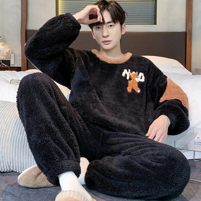 Korean Winter Men's Flannel Sleepwear 2Pcs Set Home Clothes O Neck Coral Fleece Nightwear Youth Boy Casual Loungewear Dropship