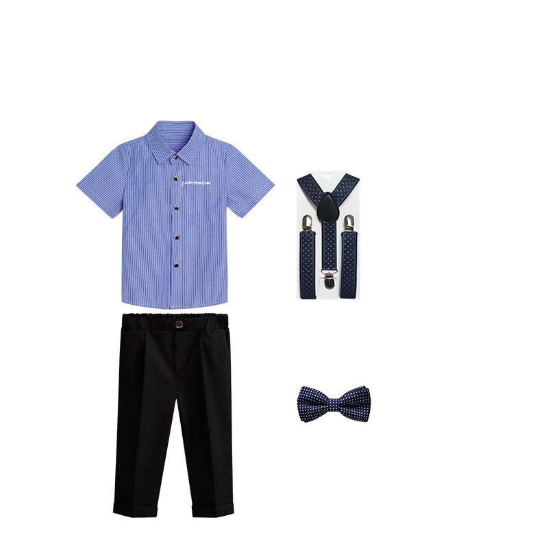 Gentleman Kids Summer Breathable Shirt Pants Strap Bowtie School Suit Children Photography Costume Boys Kindergarten Party Dress