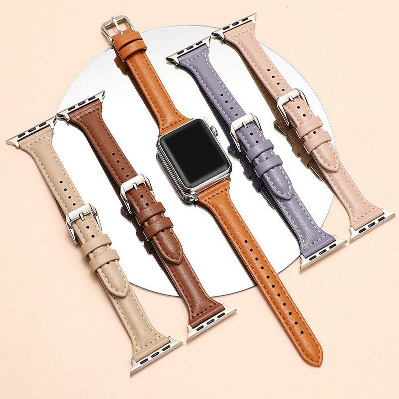 Slim Leather Strap for Apple Watch band 44mm 45mm 41mm 40mm 38mm wrist women bracelet iWatch serie 9 8 7 6 5 4 3 SE Ultra 2 49mm