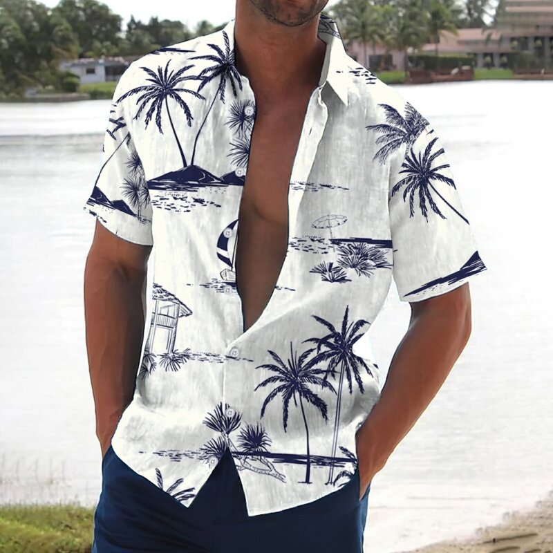 2024 Retro Heren Overhemd Kokospalm Print Korte Mouwen Strand Casual Man Kleding Losse Oversized Hawaiiaanse Shirts Voor Heren