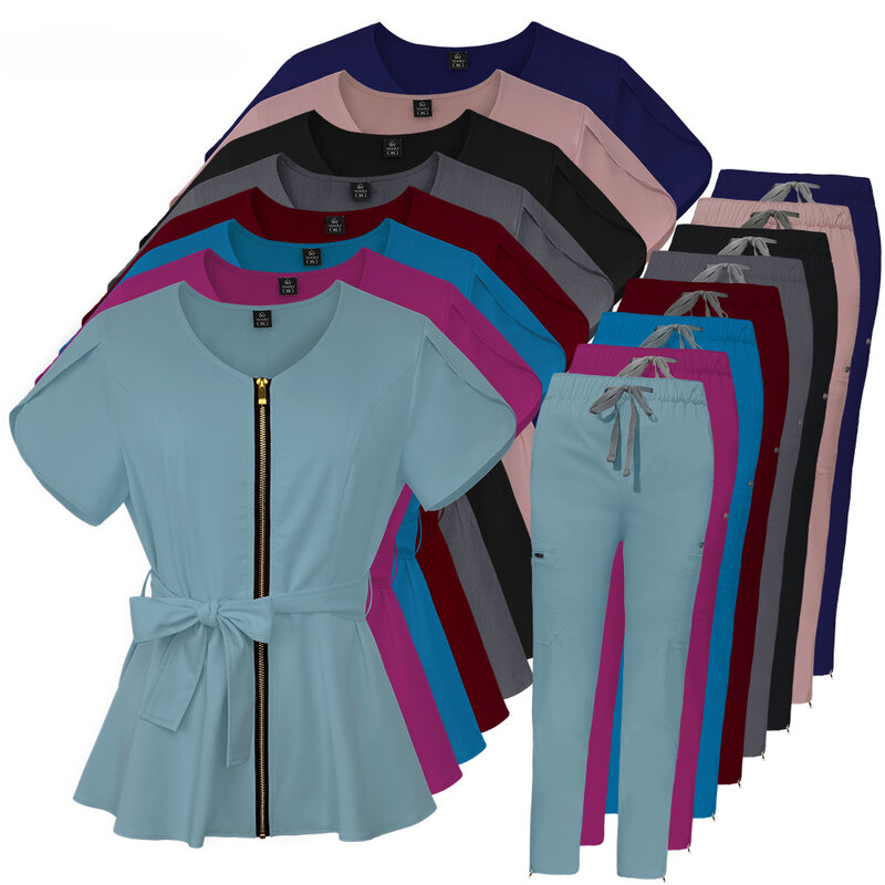 Seragam perawat pakaian kerja atasan Scrub + celana setelan warna polos seragam perawat lengan pendek blus saku pakaian kerja farmasi kedokteran gigi