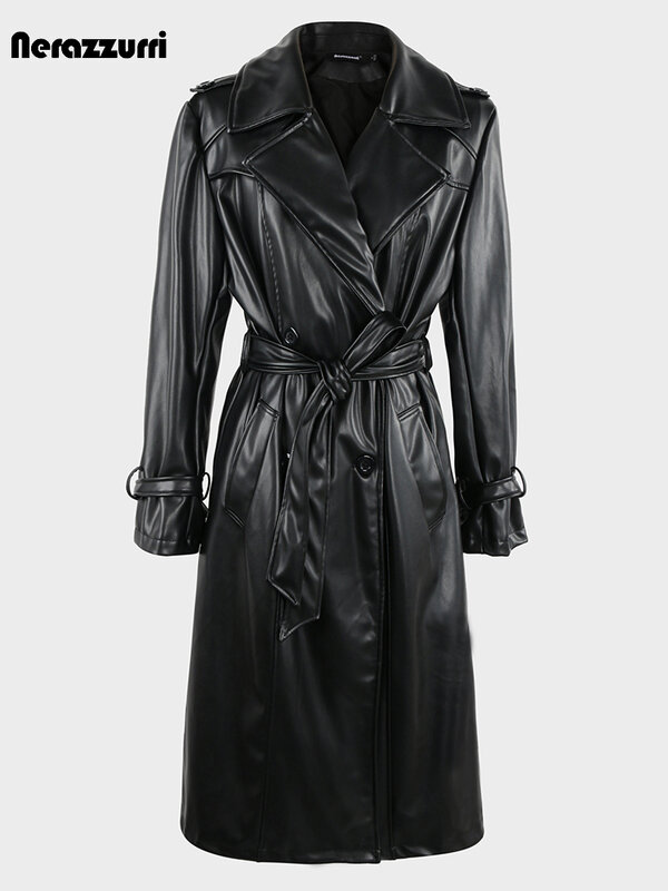 Nerazzurri Herbst lange wasserdichte braun schwarz pu Leder Trenchcoat für Frauen Schärpen zweireihige Luxus elegante Kleidung