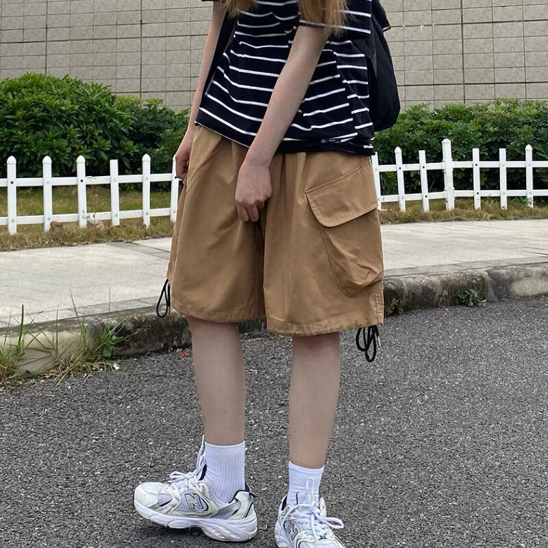 Celana pendek kaki lebar wanita, baju jalanan pinggang tinggi warna polos kasual gaya Safari keren Ulzzang musim panas untuk perempuan