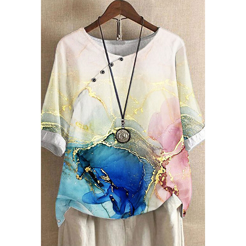 Plus Size Casual White Cotton And Linen Button Glitter Oil Painting Print Blouse