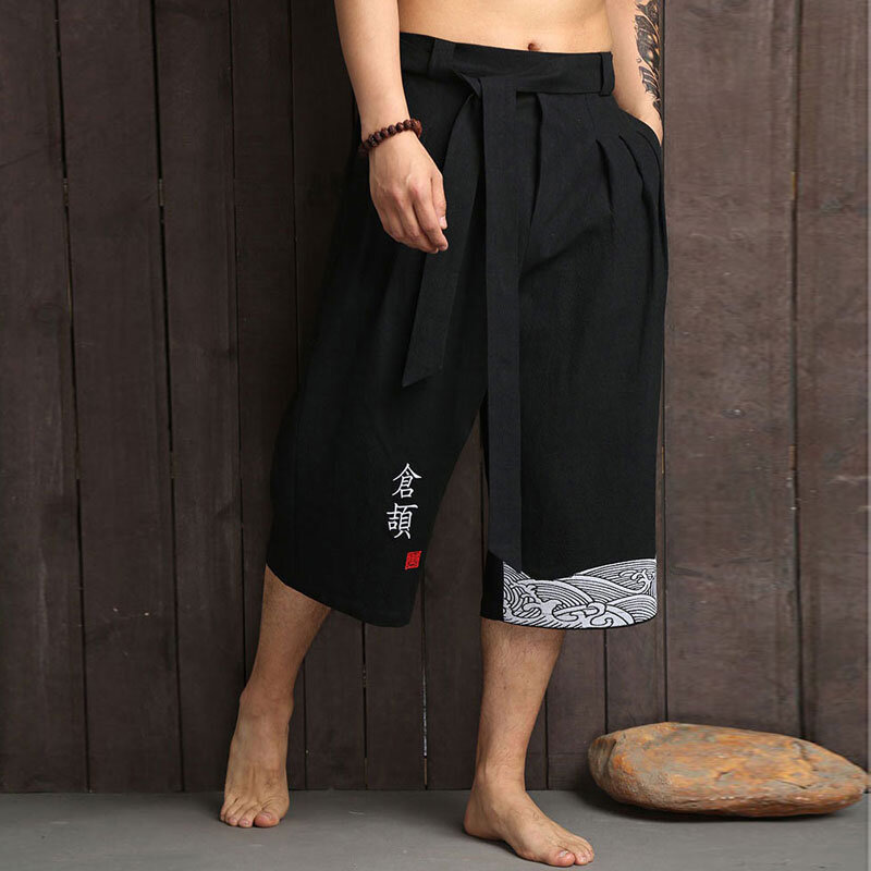 Kimono japonés tradicional para hombre, ropa asiática, pantalones de baño, informales, sueltos, estilo japonés, Yukata, pantalones cortos recortados de lino