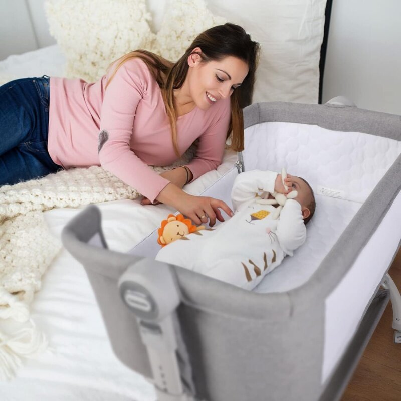 Cowiewie Baby Bassinets with Universal Wheels with Brakes Co Sleeper Bassinet with Storage, Double-Lock Patent Design; 7-Level H