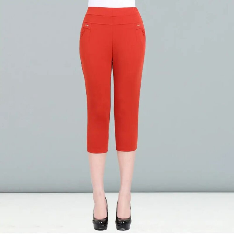 Flattering Leg Shape Pants High Waist Cropped Pants for Middle-aged Women Slim Fit Trousers with Pockets Solid for Streetwear