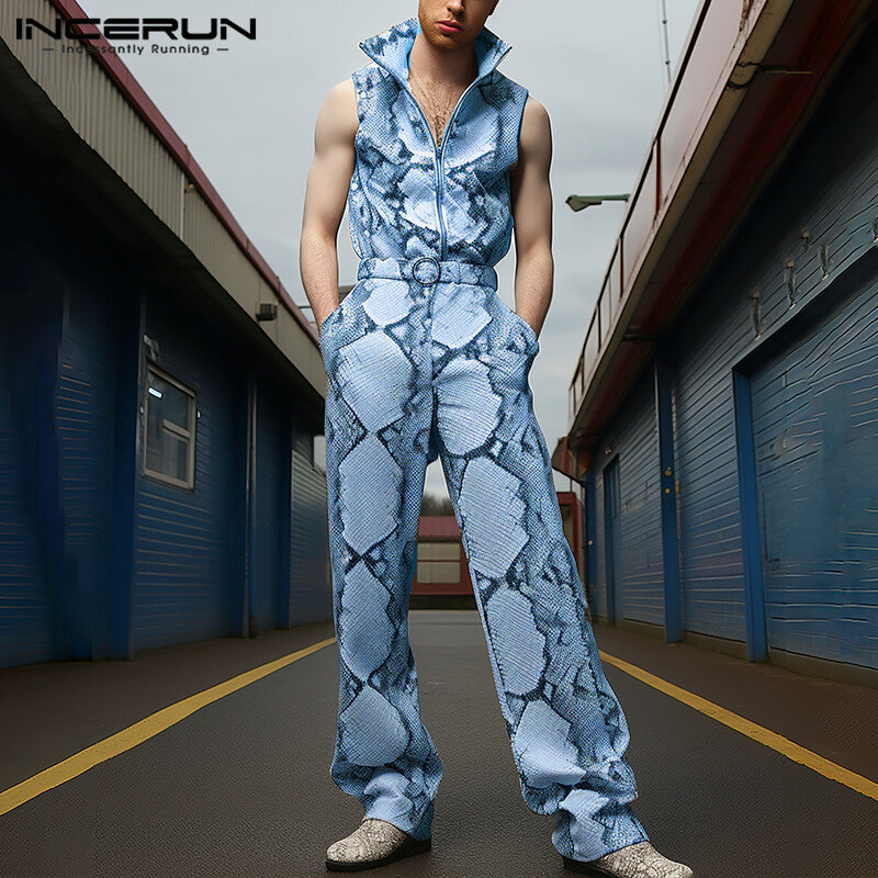 2024 Men Jumpsuits Printing Lapel Sleeveless Zipper Casual Male Rompers Streetwear Fashion Men Overalls With Belt S-5XL INCERUN