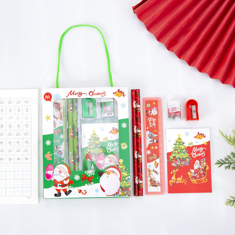 Christmas Stationery Set Ruler Pencil Eraser Pencil Knife Notepad Kit School Supplies Student Xmas Gifts Back To School Gift