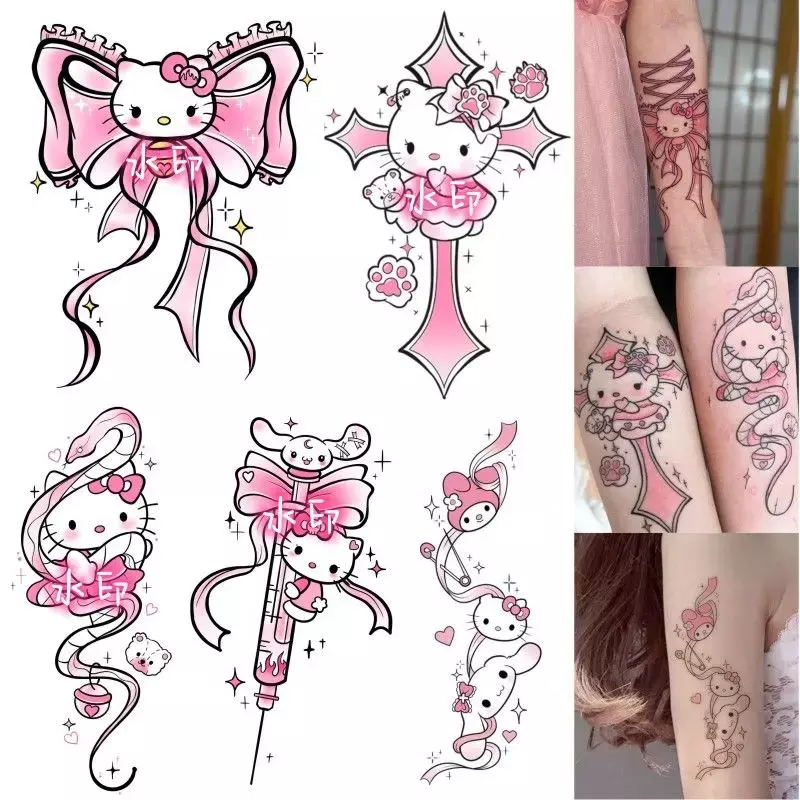 Tatuagens Temporárias de Personagens de Desenhos Animados Sanrio, Kawaii Hello Kitty KT Cat Adesivo, Brinquedos Impermeáveis para Crianças, Presentes para Crianças