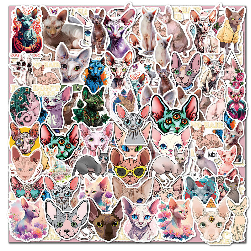 10/30/50pcs Cute Sphynx Hairless Cat Cartoon Stickers Funny Animals Graffiti Decals Sticker for Phone Case Water Bottle Luggage