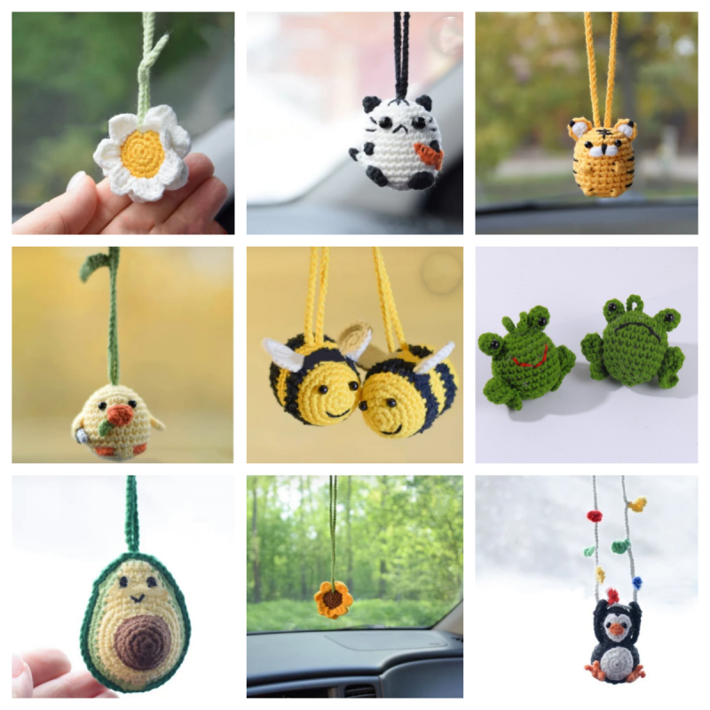 Ręcznie robione szydełkowe lusterko samochodowe ze słonecznikiem, akcesoria wiszące, lusterko wsteczne, zabawna dekoracja zwierząt