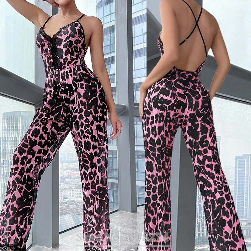 Sexy Leopard Print Bodysuit Seda Rayon Spaghetti Strap Macacão Voltar Onesie Mulheres Sem Mangas Macacão Deep V-Nek Loungewear