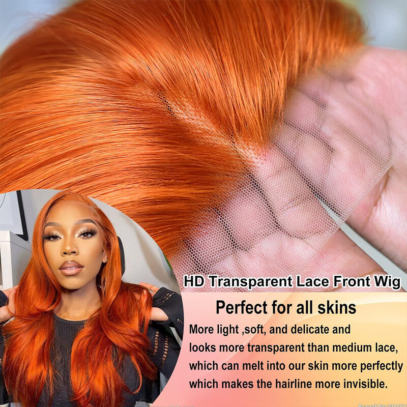 Perruque Lace Front Wig sans colle naturelle, cheveux humains, 13x4, pre-plucked, orange, 22 pouces