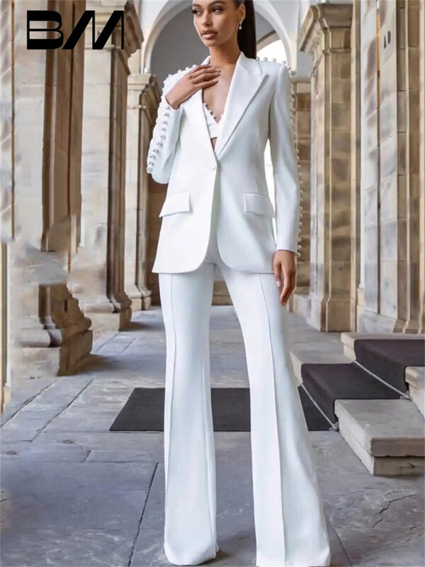 Модный темпераментный Женский костюм с жемчужными бусинами на одной пуговице, мягкие брюки, костюм из 2 предметов, Женский деловой костюм для офиса и свадьбы