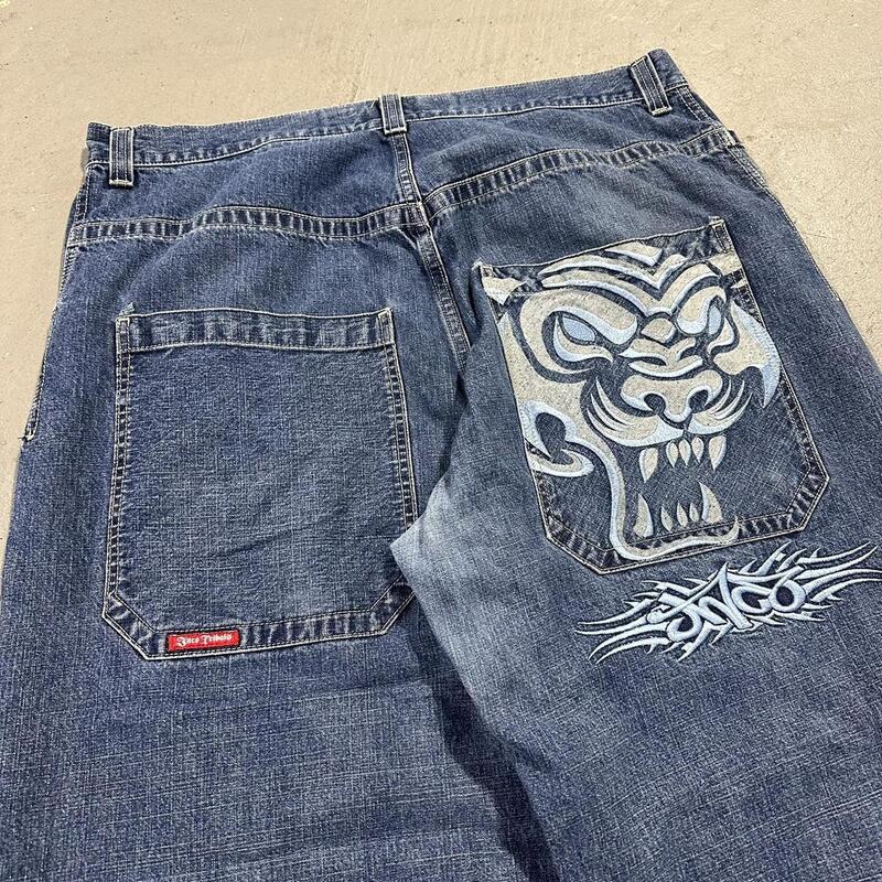 JNCO Jeans a vita bassa da uomo Y2K Harajuku Hip Hop Goth ricamo grafico Retro blu pantaloni larghi in Denim pantaloni Casual streetwear nuovo