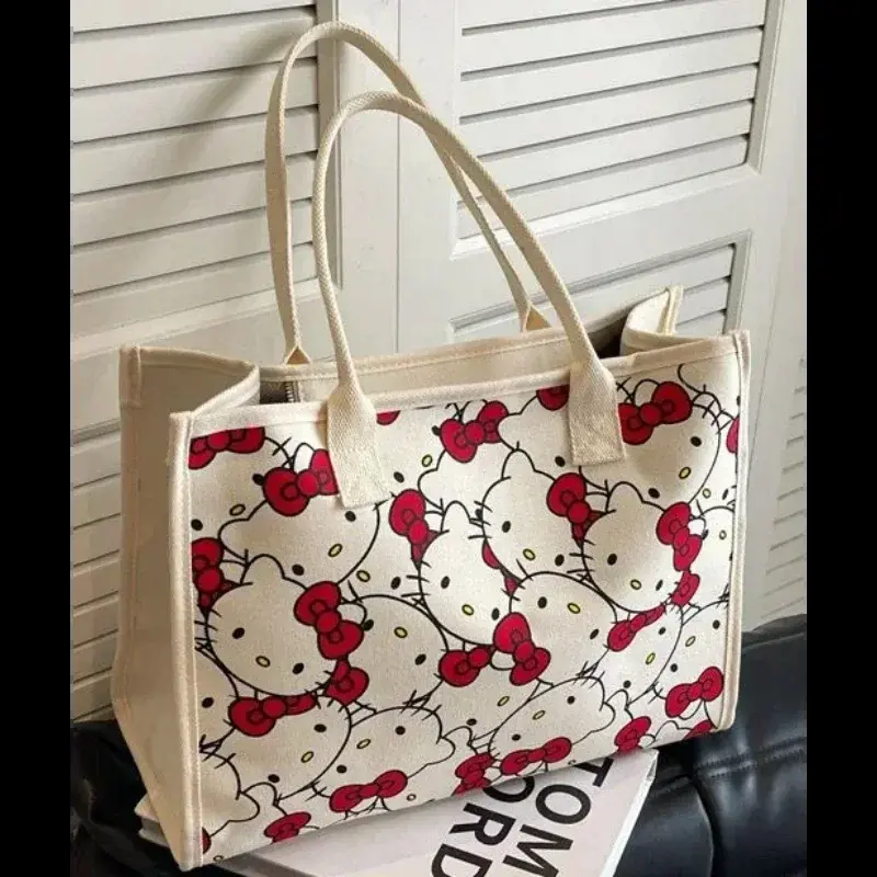Sanrio Hello Kitty tas pundak wanita, kapasitas besar lucu kartun tas tangan Tote Travel kanvas tas belanja