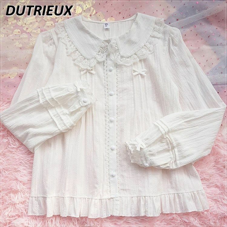 Рубашка в японском стиле с длинным рукавом, мягкая блузка в стиле "Лолита", свободная стройнящая Милая Студенческая одежда с оборками для девушек