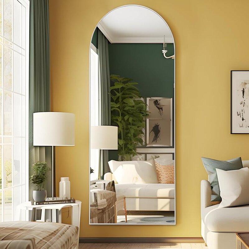 Specchio 65 ''x 22'' specchio da pavimento ad arco con supporto specchio per tutto il corpo con cornice in legno argento Freight Free Living Room