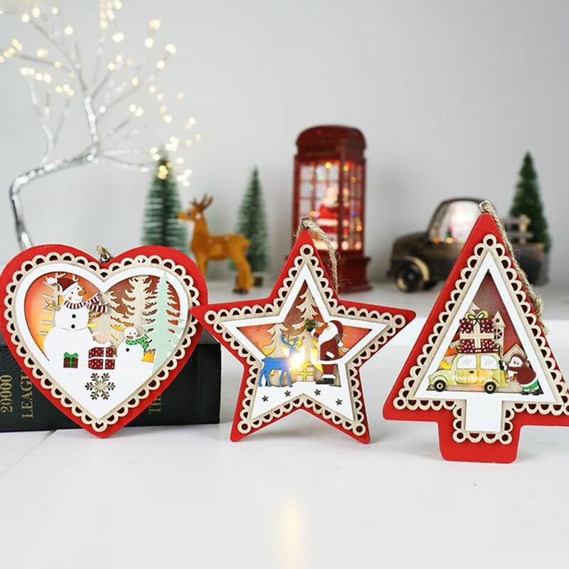 Pendurado Buraco Design Natal De Madeira Pingentes De Incandescência, Artesanato Luminoso, Árvore Pentagrama