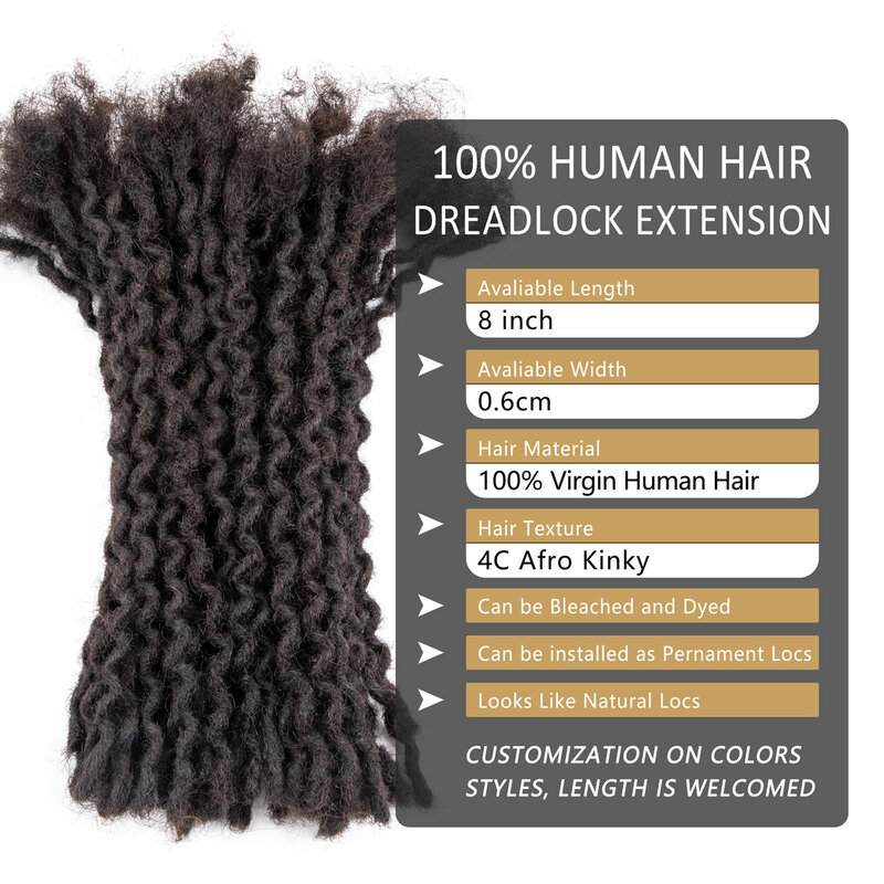 Extensiones de rastas de onda rizada para hombre y mujer, cabello humano 100% Real, extensiones de loc permanentes hechas a mano, 8-12 pulgadas, # 1B